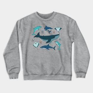 cartoon ocean and sea happy animals. Whale, dolphin, shark, stingray of two types, jellyfish Crewneck Sweatshirt